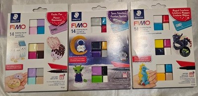 3 FIMO 14pc Modeling Clay Sets: Magical Creatures, Space Adventure, Foodie Fun)