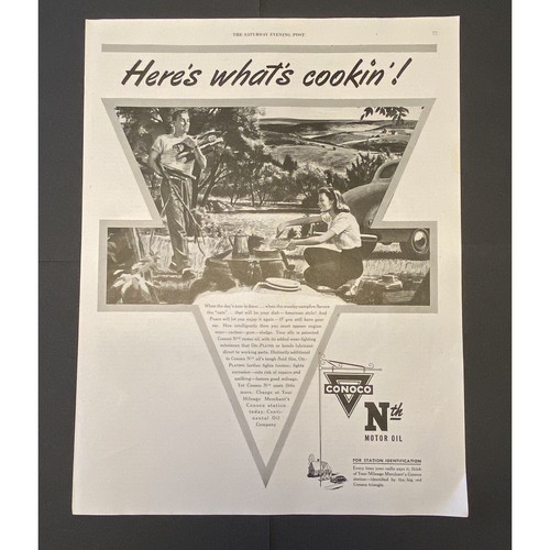 Vintage Print Ad Conoco Motor Oil Camping Cooking Ephemera 1945 13.5" x 10.5"