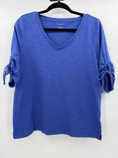 Talbots Women’s Large Royal Blue T Shirt Gathered Tie Sleeves V Neck