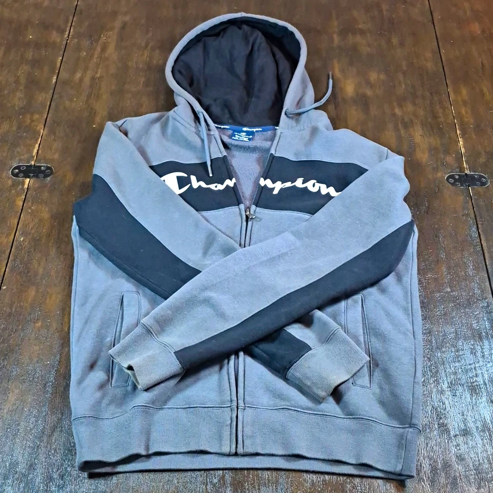 Champion Grey/Black Full Zip Hooded Fleece Logo Colourblock Hoodie Men’s M, photo 1 of 5