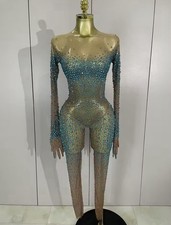 Sheer Nude Mesh Catsuit Rhinestones Long Sleeve Zip XS/S burning man festival