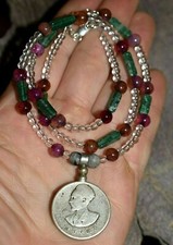 Antique Haile Selassie Silver Coin Amulet Necklace Quartz Agate Aventurine Beads