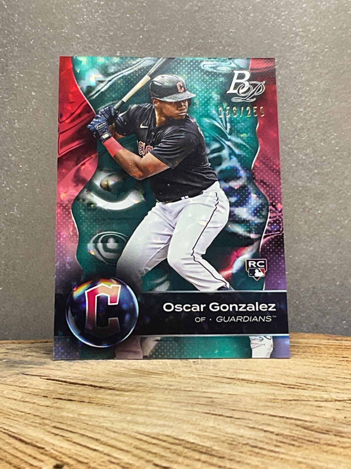 2023 Bowman Platinum Oscar Gonzalez Green Ice Foil /250 GUARDIANS #15