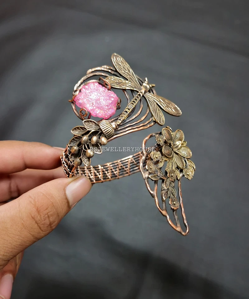 Brazalete Druzy de cuarzo rosa crudo envuelto en alambre joyería brazalete ajustable regalo Foto 2 de 4