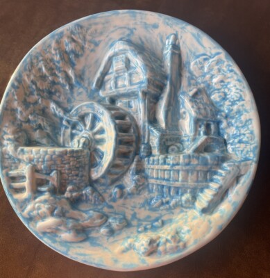 Vintage Watermill Farmhouse Cottage Decorative Plate Wall Art 3D Blue ~ Rare