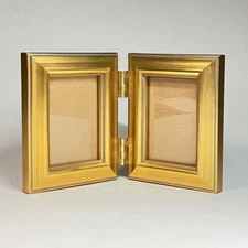 Double Picture Frame Gold - 2.5 x 3.5 " Picture - Hinged Solid Wood Freestanding