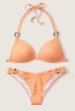VICTORIA'S SECRET PINK SWIM Triangle Top/V Front Itsy Bottom Coral Cr Set M-DD/M