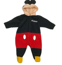 Disney Mickey Mouse Infant Baby Hooded Fleece One Piece Jumpsuit Sz 6/9 Mos EUC