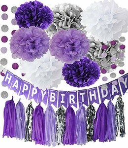 Purple Silver Party Decorations Tissue Pom Pom Happy Birthday