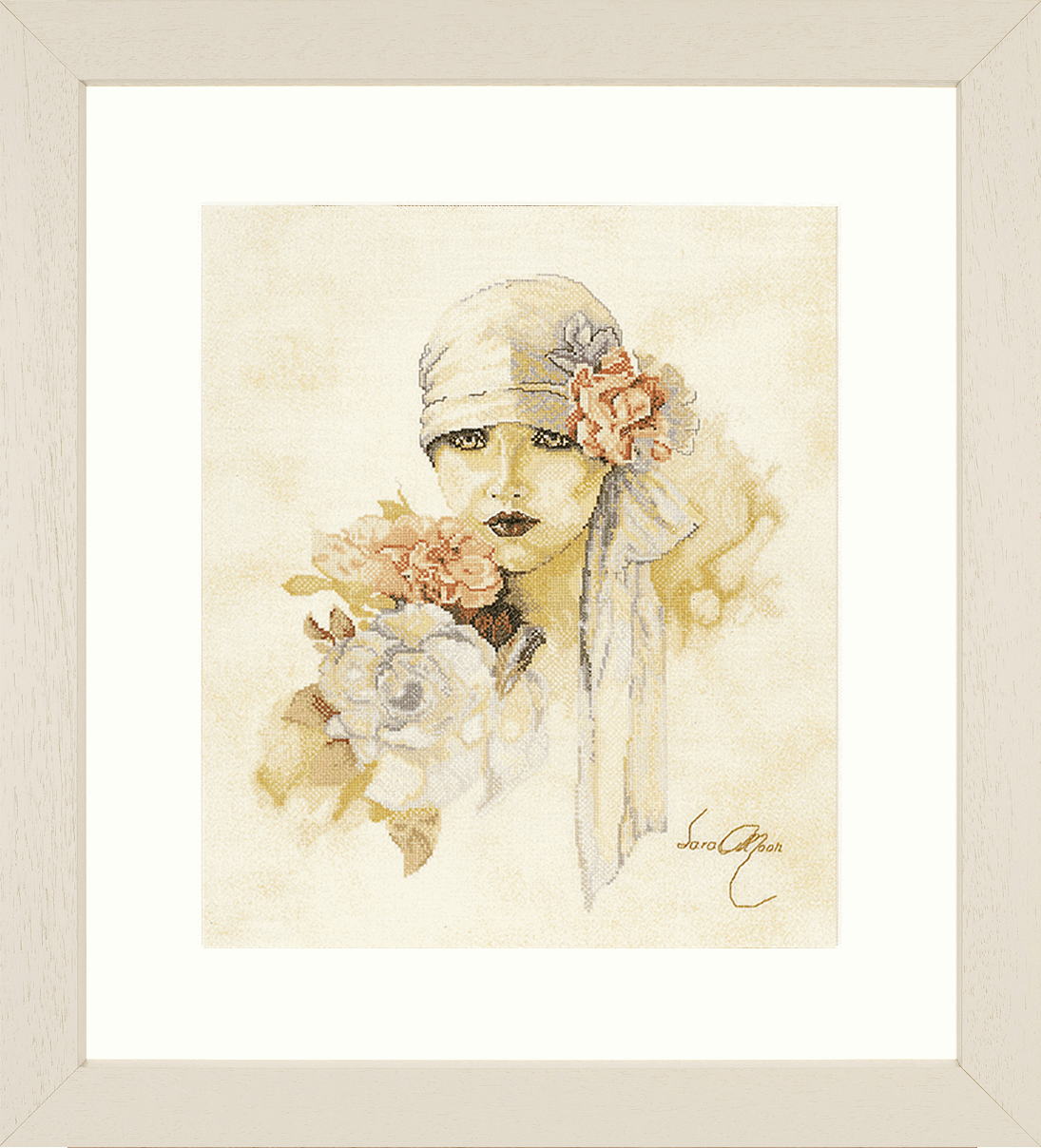 Lanarte Counted Cross Stitch Kit: Sara Moon: Lady With Pink Flower (Linen) - Image 2
