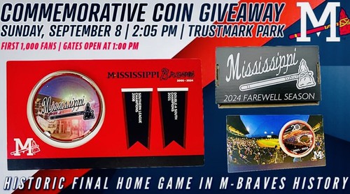 #/1000 MISSISSIPPI BRAVES COMMEMORATIVE COIN FAREWELL W GAME TICKET SCHEDULE - Picture 3 of 10