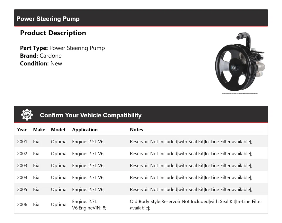 Bomba de dirección asistida Cardone para Kia Optima 2001-2006 2002 2003 2004 2005 Foto 2 de 4