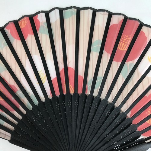 Japanese Fabric Folding Fan Sensu Bamboo Frame Camellia Tsubaki Red Case 4D826 - Picture 8 of 12