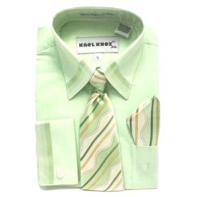Karl Knox Boys Green Dress Shirt Lime Green Gold Cream Tie Hanky Set Size 5