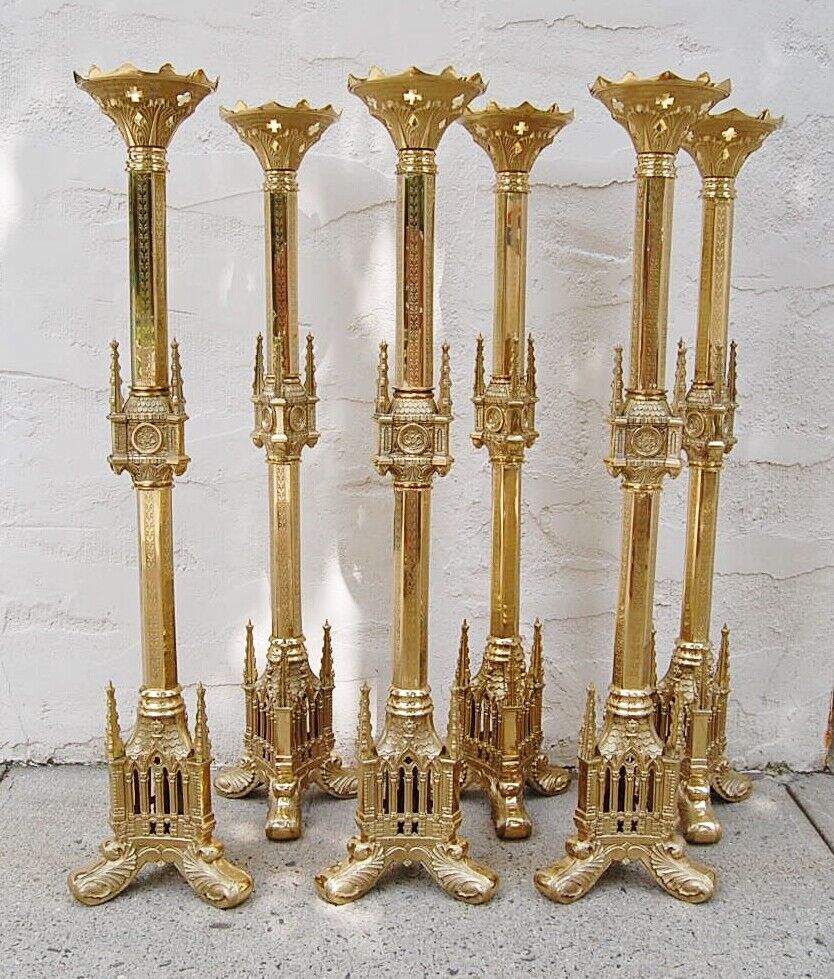+ Set of 6 Ornate 41 ht. Gothic Church Altar Candlesticks + chalice co. +  (#61)
