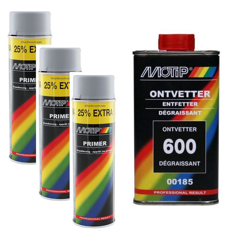 Apprêt gris Motip en lot de 3 avec dégraissant pour peinture carrosserie et retouche auto