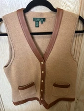 VTG Ralph Lauren Wool Cashmere Leather Trim Sweater Vest Tan Brown Size M