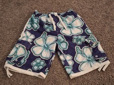 Youth Boys Cherokee Board Shorts Swim Trunks Size L Green Blue White Hibiscus