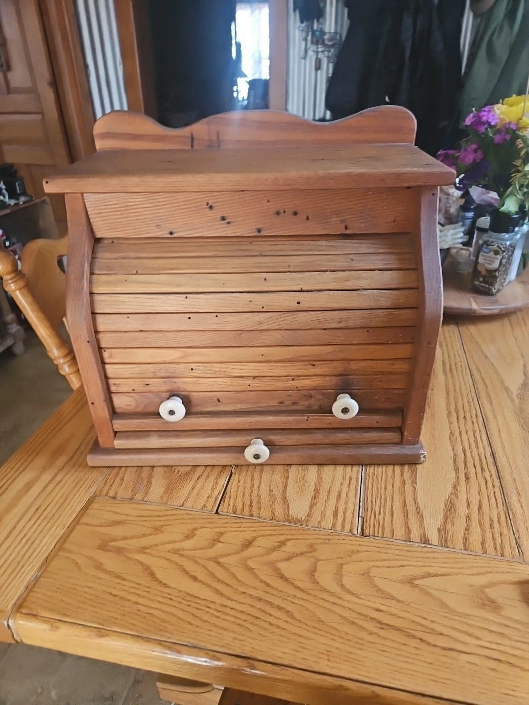 Vintage Handmade Wormy Chestnut Bread Box With Cutting Board