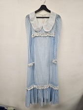 Vintage Gingham Dress Womens Blue Lace Maxi Prairie Cottagecore Ruffle 70s