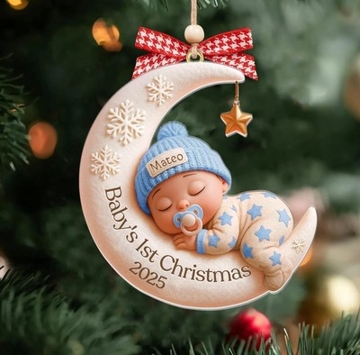 Baby s First Christmas Ornament   Custom 3D Moon Acrylic Keepsake Newborn Gift