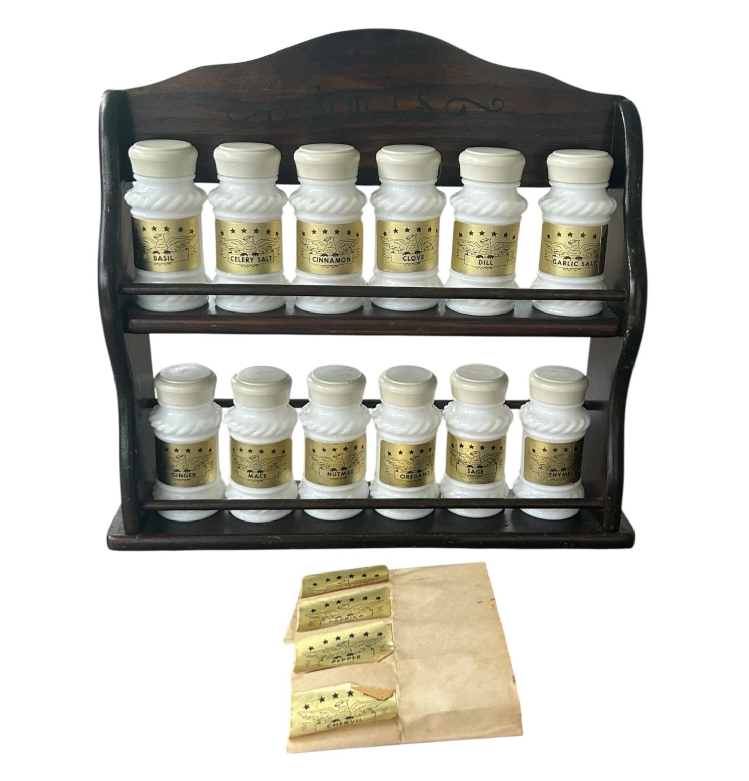 VTG Wooden Spice Rack w/12 Milk Glass Spice Bottles Gold Labels Extra Labels MCM