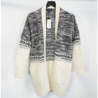 Banana Republic Blocked Fair Isle Long Open Cardigan Women's XS New Gray Cream