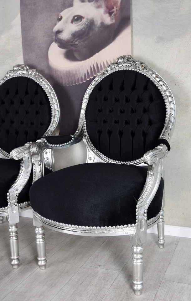 Dos Sillas Barrocas Con Brazos Antiguas Juego De Sillas De Chimenea Plata Negro - Imagen 3 de 4