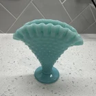 Vintage Fenton 1950s Turquoise Blue Hobnail Milk glass mini-Fan Vase