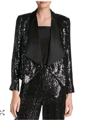 Alice Olivia Black Warren Sequined Open Blazer Jacket Black Satin Collar  Open