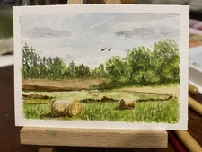 ACEO Original Watercolor Landscape Hayfield 2.5”x 3.5” by Pamela Long