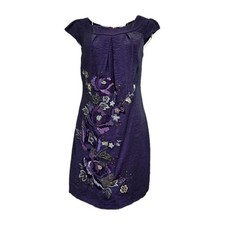Monsoon Purple Floral Embroidered Viscose Shift Dress Size 10 Cap Sleeve Lined 