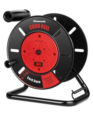 DEWENWILS Open Cord Storage Reel, Holds 100ft Cord,4 Outlets,for Garage Workshop