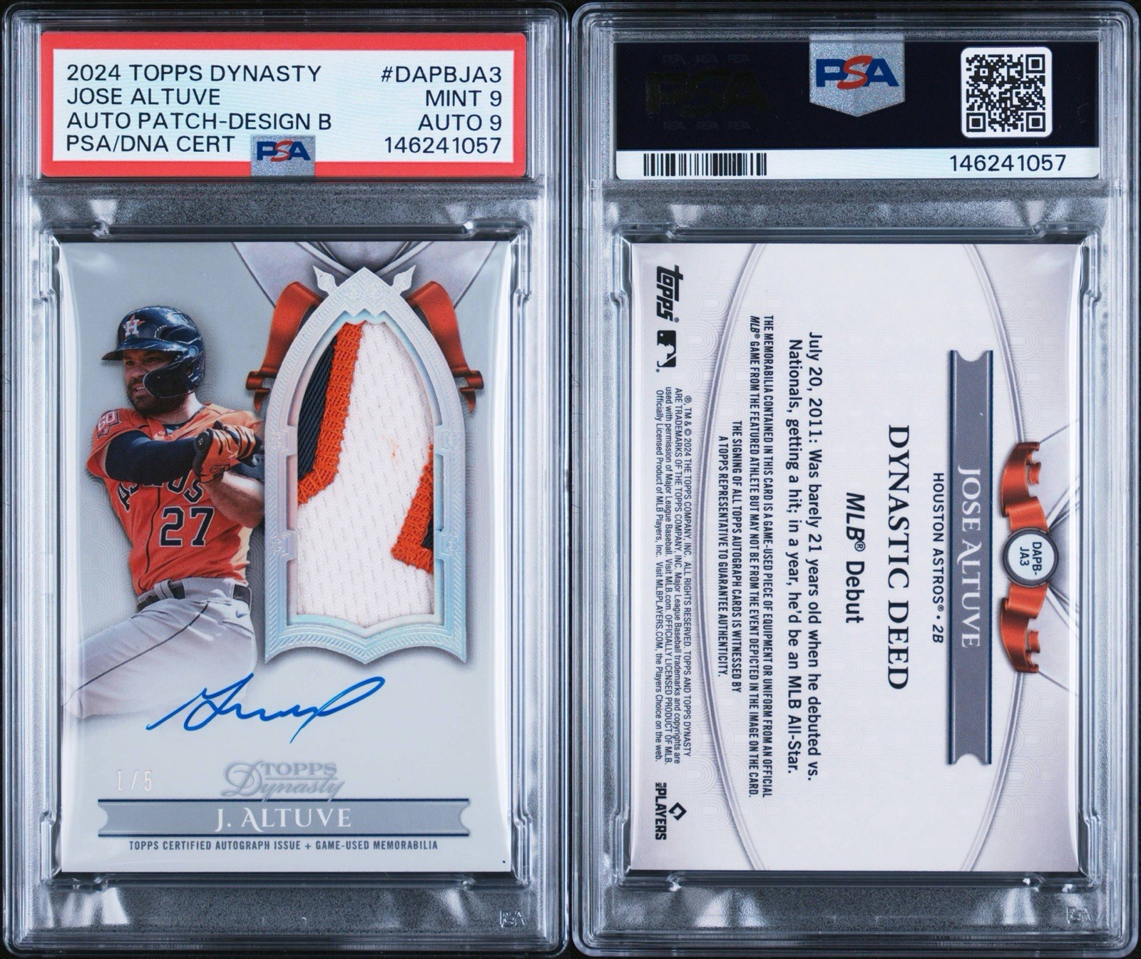 2024 TOPPS DYNASTY AUTOGRAPHED PATCH DESIGN B JOSE ALTUVE 1/5 PSA 9 DNA AUTO 9 view 7