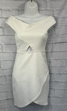 Boohoo Bodycon Dress Cream White Size 8 Cut Out Waist Bardot Neck Party Glamour