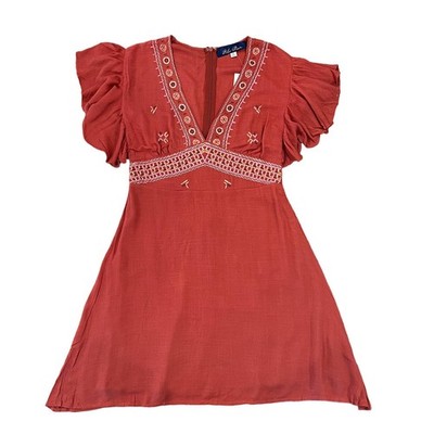 NWT Francesca's Blue Rain Rust Embroidered A-Line Rayon Dress - SIZE MEDIUM