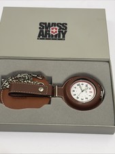 Swiss Army Silver Tone Brown Leather Quartz Analog Pocket Watch W/ New Battery 