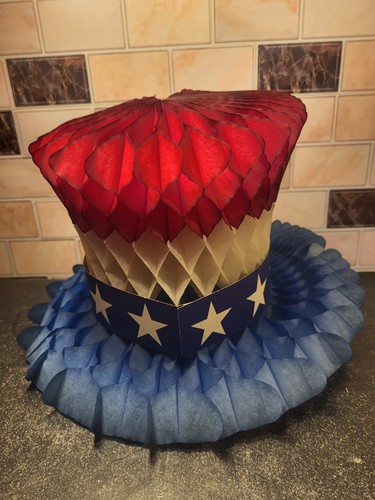 Vtg Amscan Red White & Blue Fold Open Uncle Sam Hat Tissue Paper Decoration 