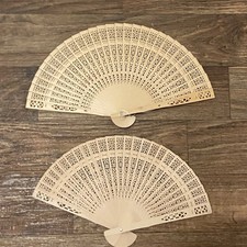 Vtg Lot Set Of 2 Sandalwood Folding Hand Fans Fan Chinese Intricate Pattern 13  W