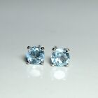 Solid Silver Women Handmade Stud Earrings Genuine Blue Topaz Round Gemstone 925