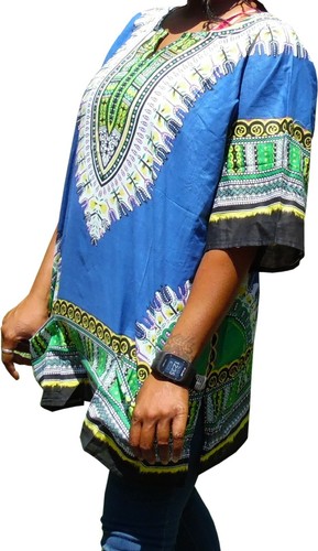 Womens BLUE Dashiki Shirt African Blouse Top Rap Rapper ~ FAST SHIPPING - Picture 4 of 8