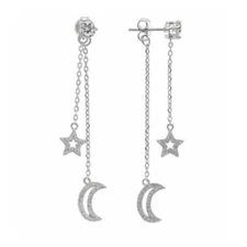 925 Sterling Silver Pave CZ Star & Moon Drop Dangle Solitaire CZ Stud Earrings