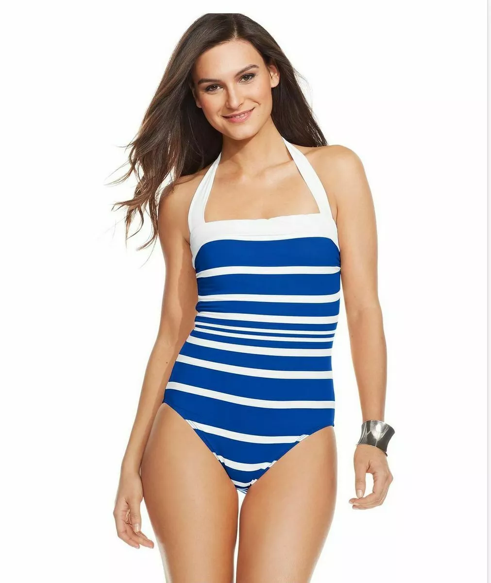 RALPH LAUREN KAYLEE STRIPED BANDEAU HALTER ONE PIECE SWIMSUIT