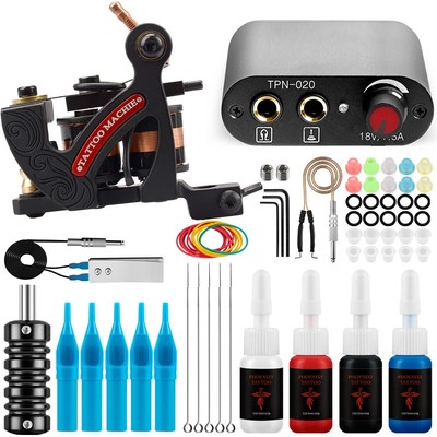 Complete Tattoo Machine GunKit Power Supply 4Color Permanent Tattoo Ink Set Grip