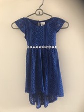 Girl Blue Dress Size 5 White Flowers Cut Outs Ties In Back  Button Lining Good