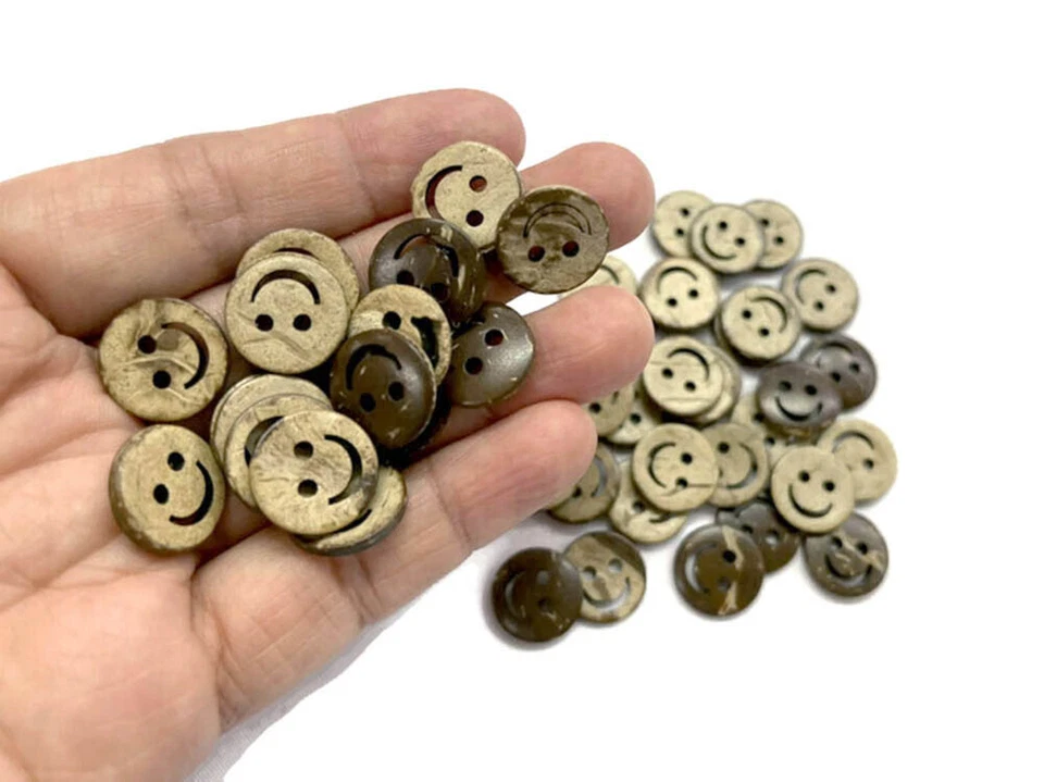 50 PCS 15 mm Brown Natural Wooden Happy Smiles Face Coconut Shell Buttons 2 Hole - Image 3 of 4