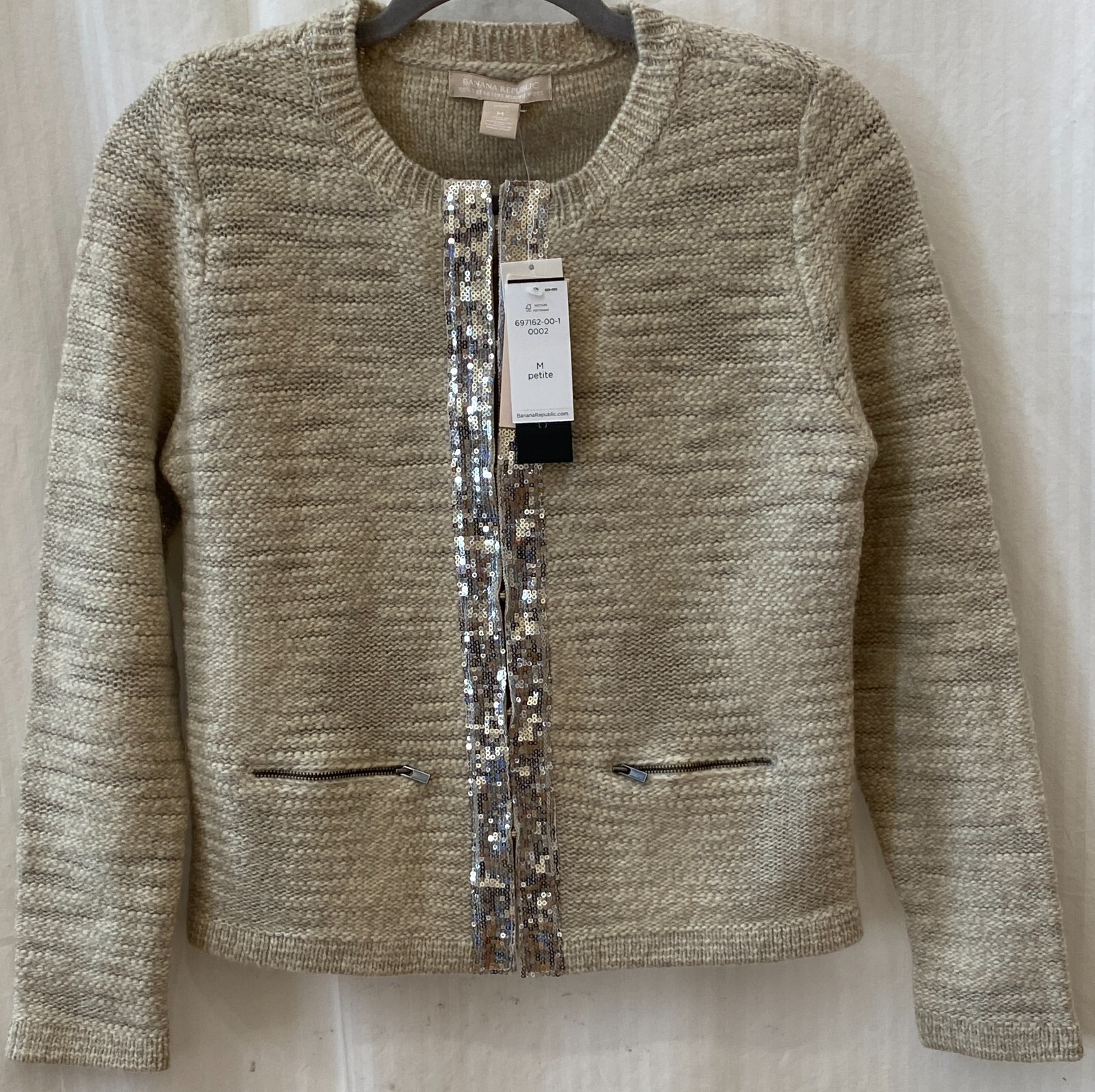 Banana Republic Cardigan Sweater Women's M Beige Merino Wool Sequin Hook & Eye