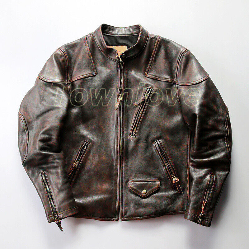 Real Leather Jacket Men's Stand Collar Leather Retro Motorcycle