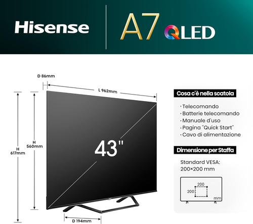 Hisense TV 43" QLED 4K 43A72NQ, Smart TV VIDAA U7, Dolby Vision, HDR 10+, Game M - Foto 2 di 12