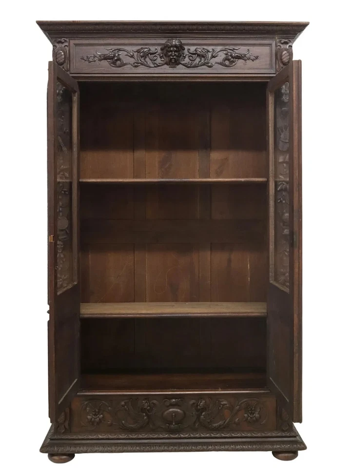 Librería antigua, biblioteca, renacimiento renacentista francés, roble tallado, ¡años 1800! Foto 4 de 4